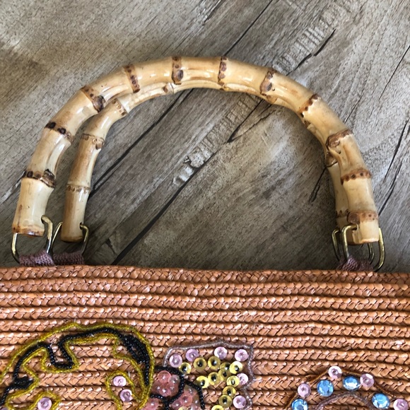 Vintage Look Straw Floral Beaded Sequin Bamboo Handle Purse Bag - Picture 4 of 12